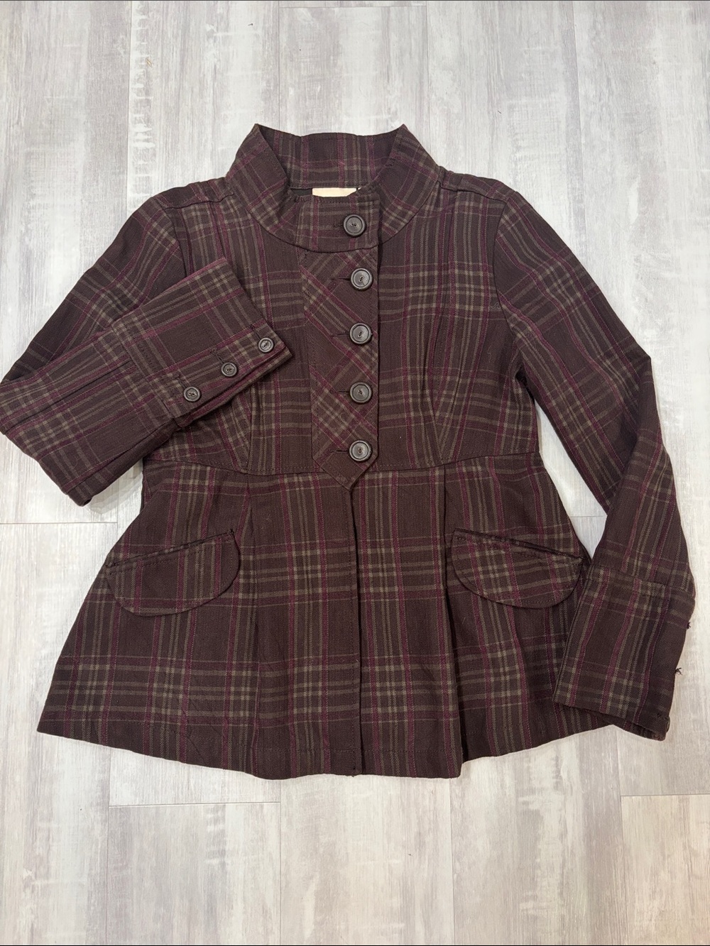 DKNY Burgundy & Brown Plaid Peplum Blazer Large
